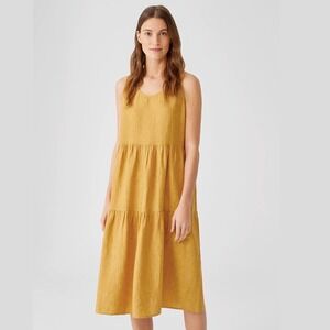 Eileen Fisher Organic Linen Delave Tiered Midi Dress Mustard Yellow Size Large